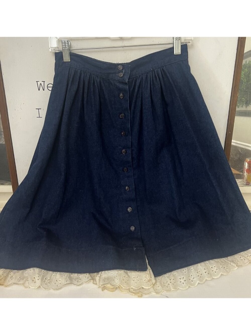 Vintage Cotton Denim Button Up Peekaboo Eyelet Knee Length Skirt Size 10.   G